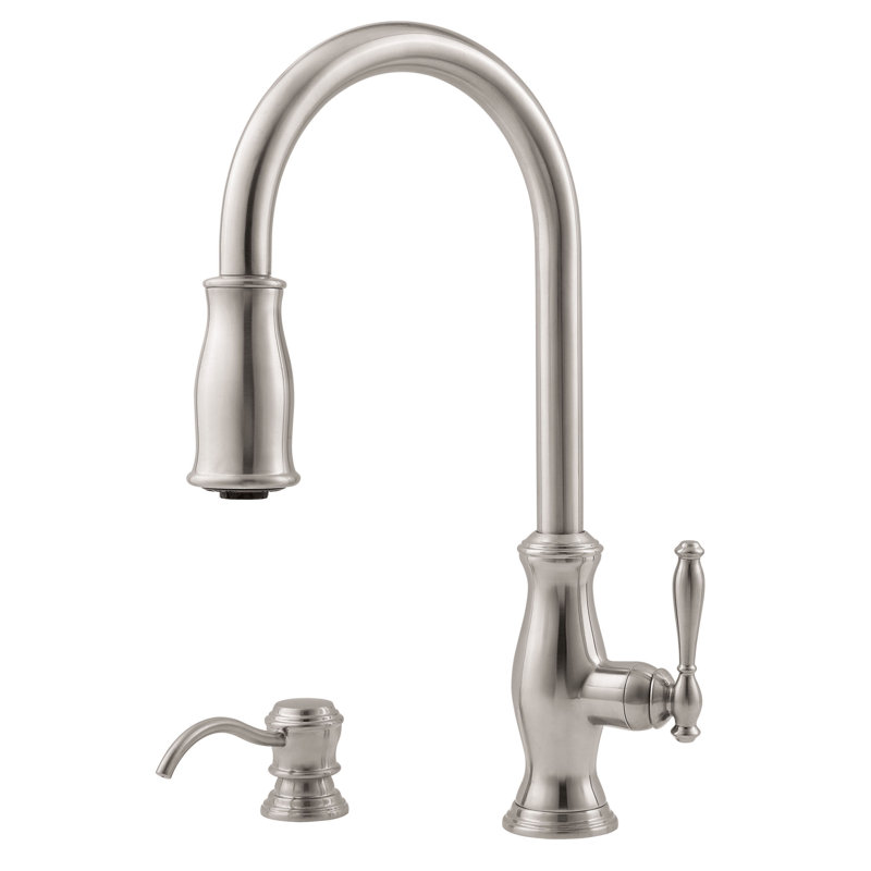 Hanover Pull Out Single Handle Kitchen Faucet with Soap Dispenser, Stainless Steel