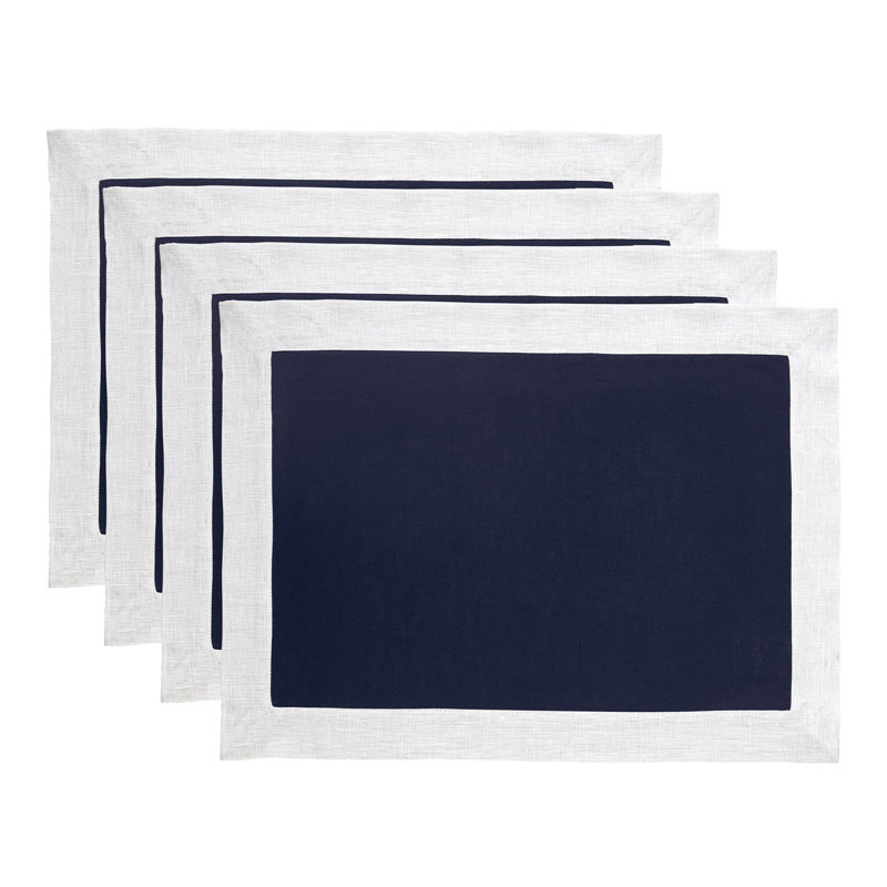 Festive Edge - 100% Pure Linen Placemats, Navy/Silver Shimmer Border