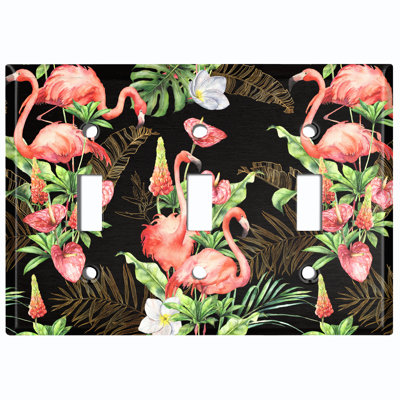 Metal Light Switch Plate Outlet Cover (Pink Flamingos Pink Flower Leaves Black Gold - Single Toggle)