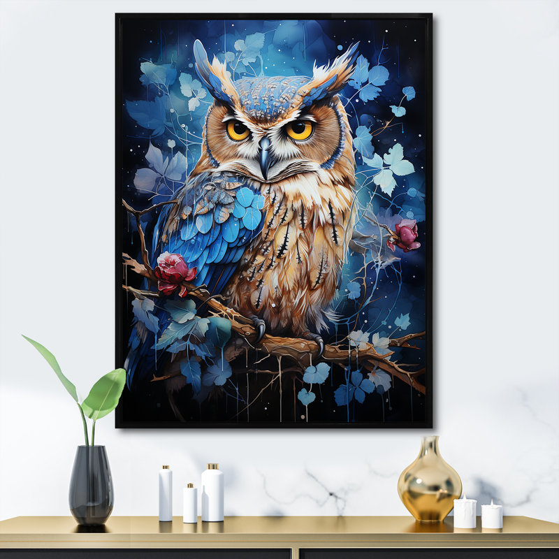 Chouettes bleues au clair de lune I, Cadre flottant noir, H 32 po x l 16 po x P 1 po