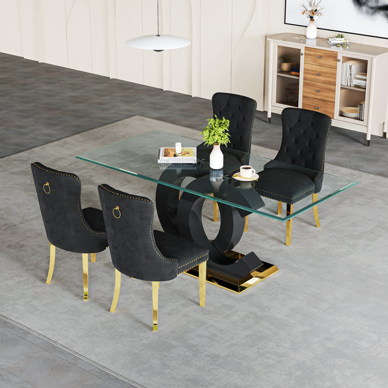 Ensemble repas, 5 pièces: table, 4 chaises, Noir et or, Black