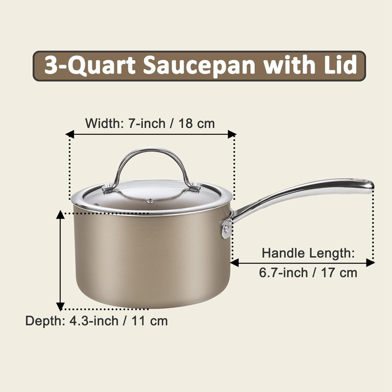 Casserole standard de 3 pintes avec couvercle en verre, casserole antiadhésive en céramique anodisée dure, casserole à lait de cuisine, va au lave-vaisselle et au four, batterie de cuisine compatible avec induction, bronze