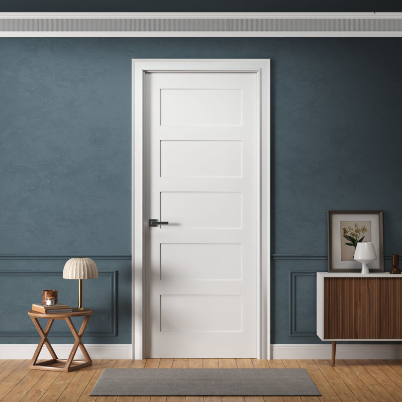 Dalle de porte intérieure seulement (non pré-suspendue), conception à 5 panneaux de style shaker, apprêté blanc, noyau solide, disponible pré-percé (porte à gauche ou à droite) pour portes battantes ou non pré-percé (poignée de porte réversib