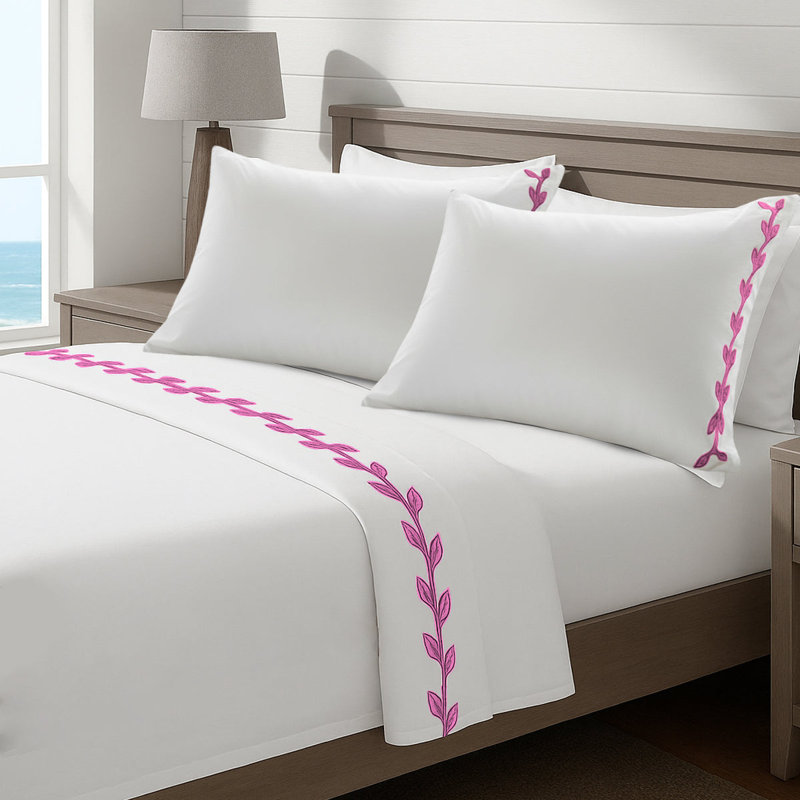 Layered Leaf Applique Cotton Sheet Set, Twin Fitted Sheet, Hot Pink/White