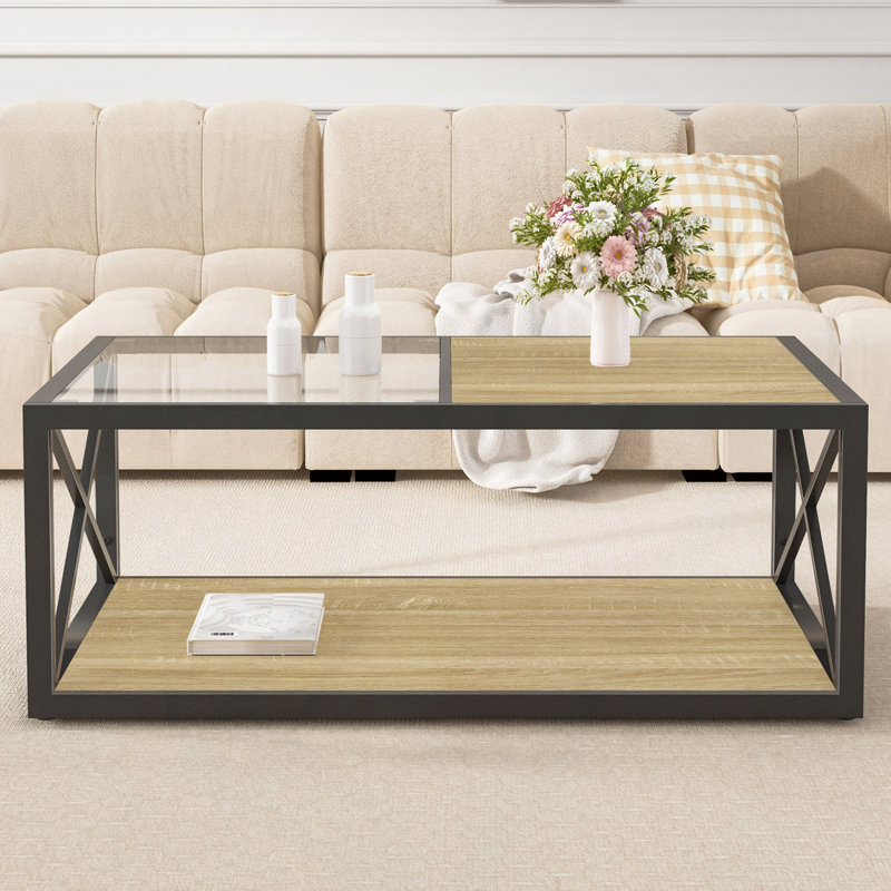 Table basse moderne pour chambre et salon, plateau en verre trempé et MDF, style industriel