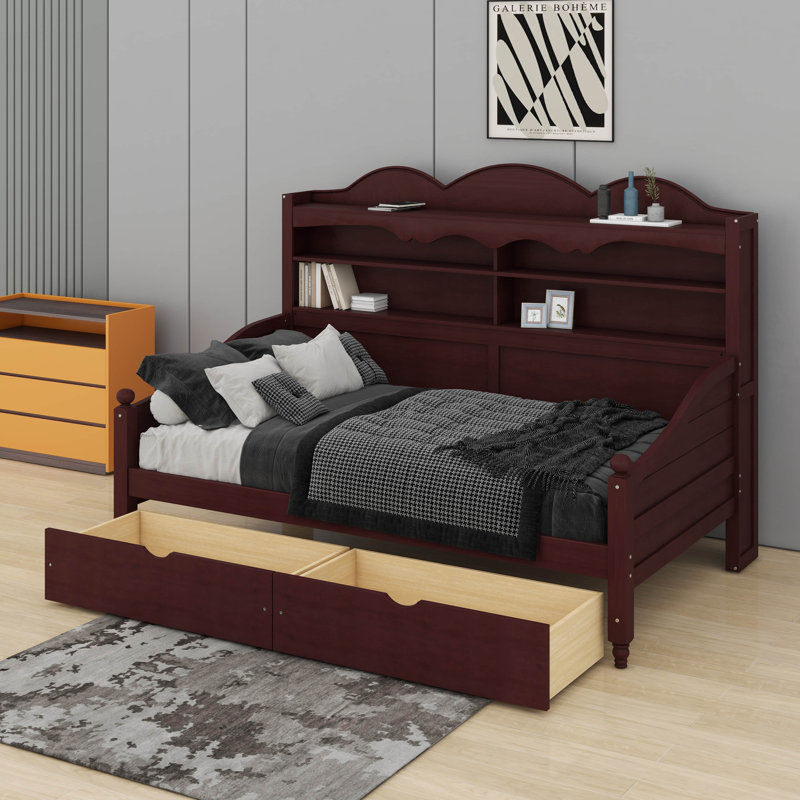 Structure de lit de jour avec tiroirs de rangement et tête de lit à tablettes, cadre de lit en bois pour chambre d'amis