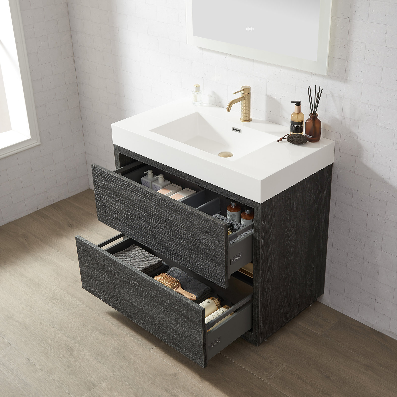 Beira Single Bathroom Vanity, North American Oak, 36", White
