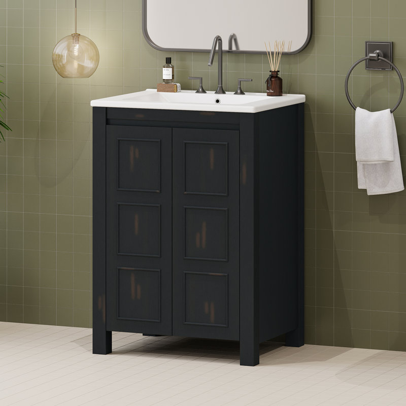 Petit ensemble de meuble-lavabo de style rétro 24 po x 18 po x 34 po avec lavabo en céramique et 2 portes à fermeture en douceur