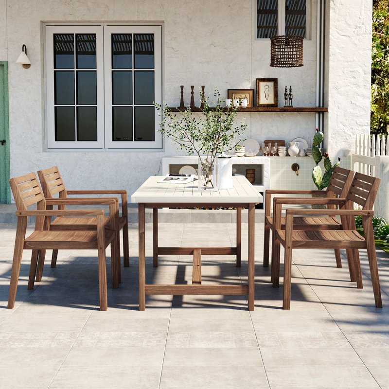 Ensemble repas 5 pièces pour l'extérieur avec table rectangulaire et 4 fauteuils, Blanc