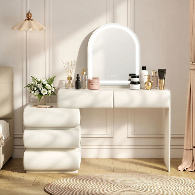 Meuble-lavabo moderne avec miroir à DEL 3 couleurs et finition en cuir, armoire latérale mobile et 5 tiroirs de rangement