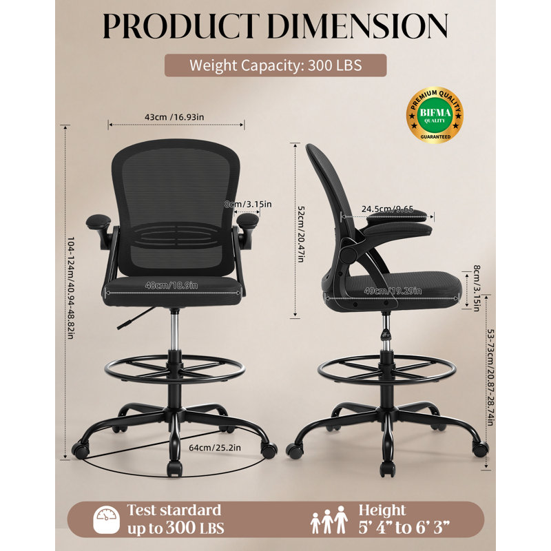 Chaise de dessinateur en filet, chaise de bureau, tabourets de bureau, chaise de dessinateur pivotante à dossier moyen, chaise de dessinateur avec repose-pieds et accoudoirs rabattables et support lombaire