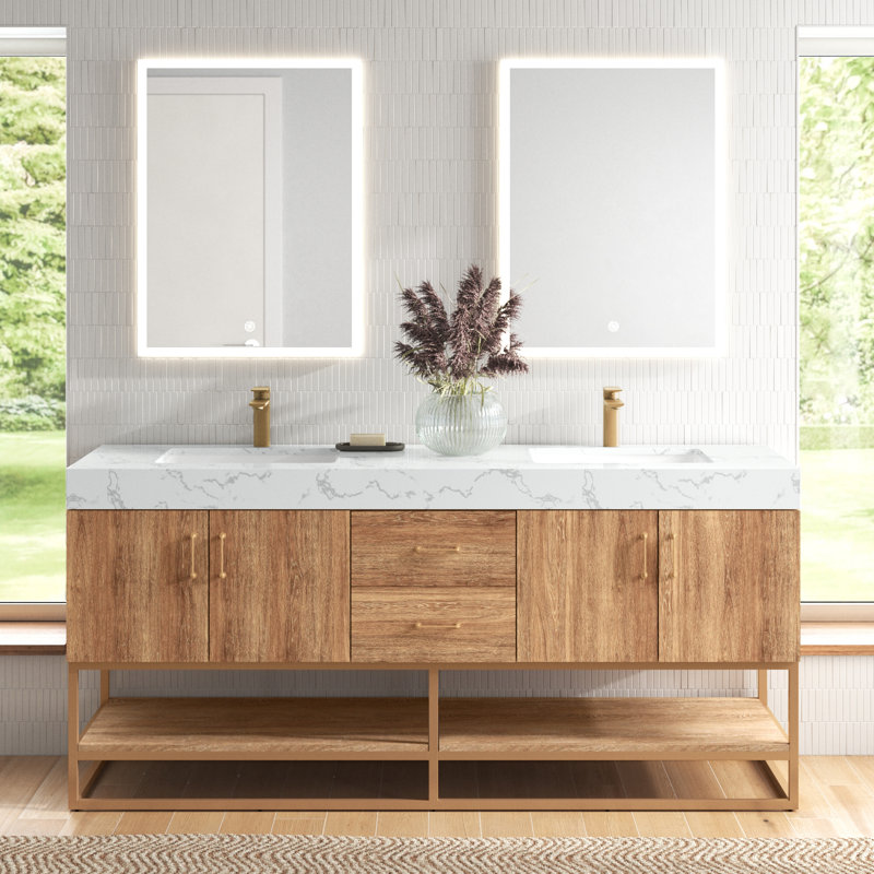 Ensemble de meuble-lavabo double 72 po avec miroir Alistair, Doré, Chêne naturel, Blanc