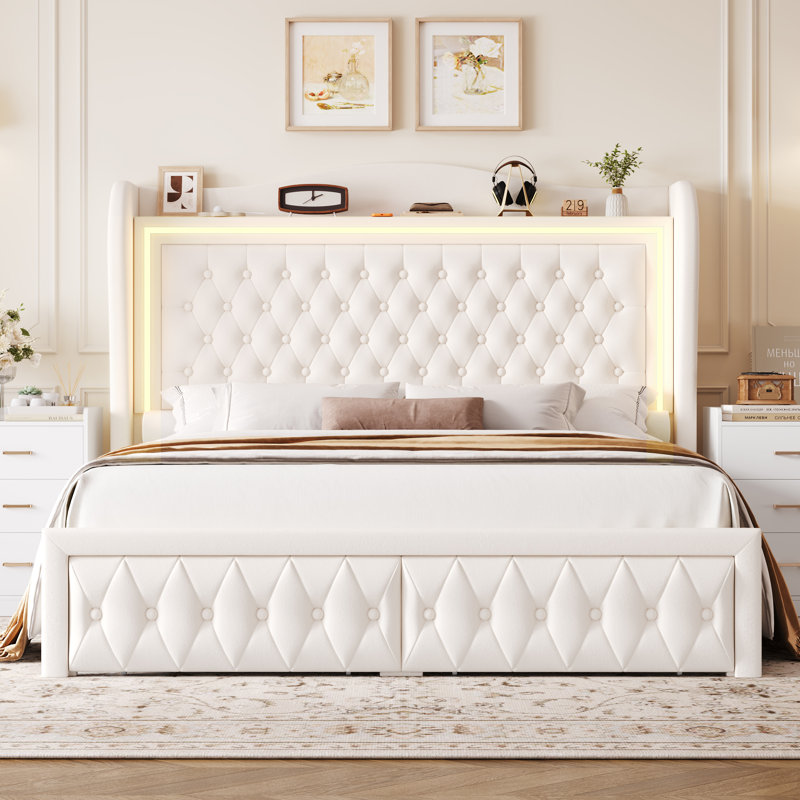 Kaliya Velvet Upholstered Platform Bed with LED Lighting and Storage Drawers , Queen, Cream