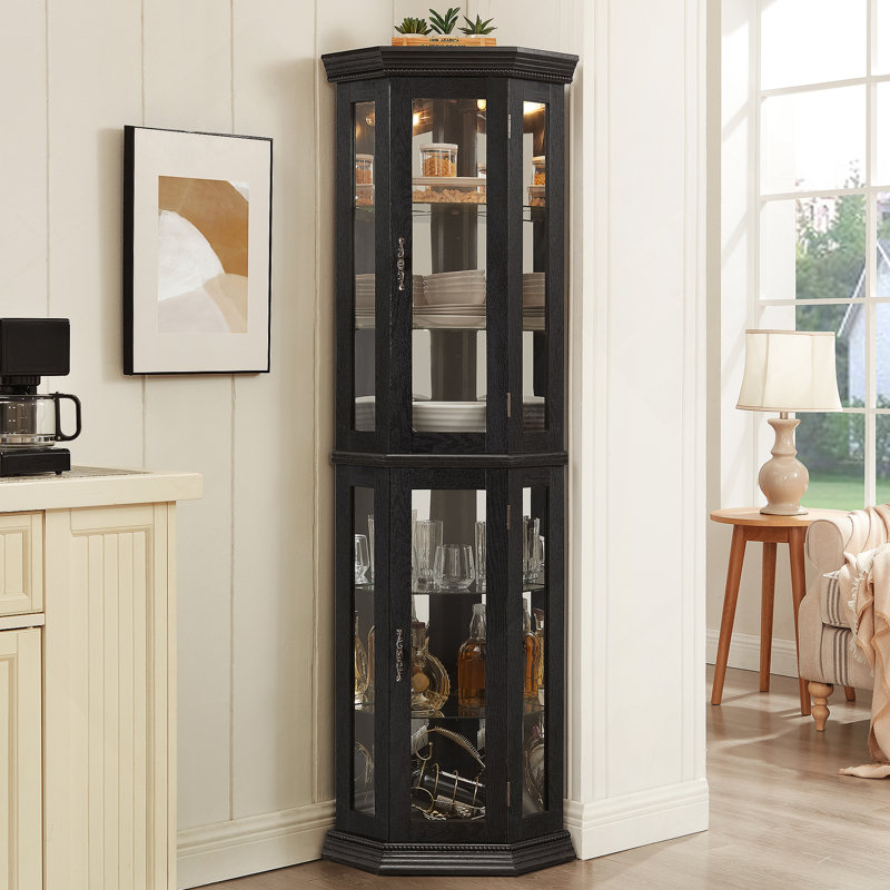 Lighted Corner Curio Cabinet - Glass Display Shelf with Tempered Glass Doors, Adjustable Shelving, and Included Bead Bulb - Ideal Bar Cabinet for Home Decor- BLACK