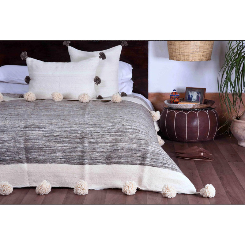 Ensemble de couverture et d'oreiller en laine Pom Pom, Blanc / rose clair / brun