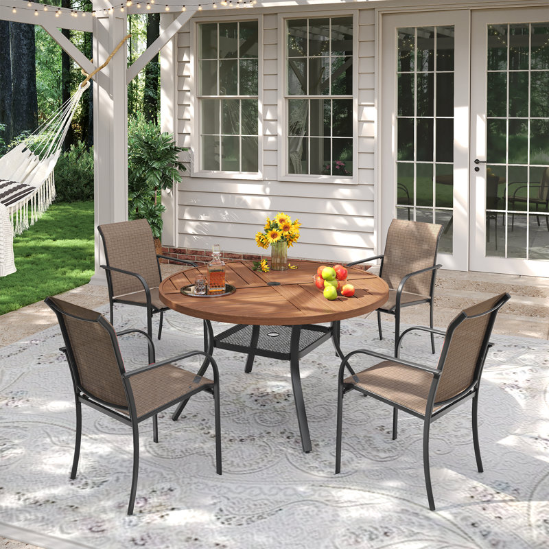 4-Person Outdoor Patio Dining Set With Stackable Chairs, Walnut/Brown