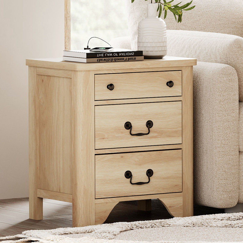 Haikey Farmhouse Wood Nightstand Set, Built-In Charging Station, and Drawer Nightstand For Bedroom, Oak