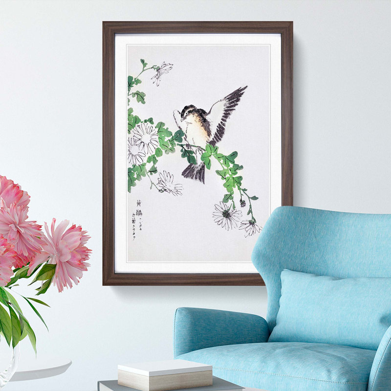 Flycatcher & Chrysanthemums by Numata Kashu - Picture Frame Art Print, Walnut, 91cm H x 60cm W x 2cm D