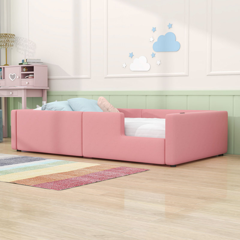 Lit plateforme simple tapissier avec garde-corps et station de charge, Rose
