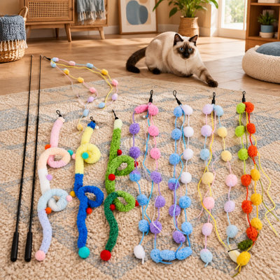 A bell & string are included with this 9Pcs retractable plush-strip teaser set, made as long interactive wands for indoor kitten exercise.