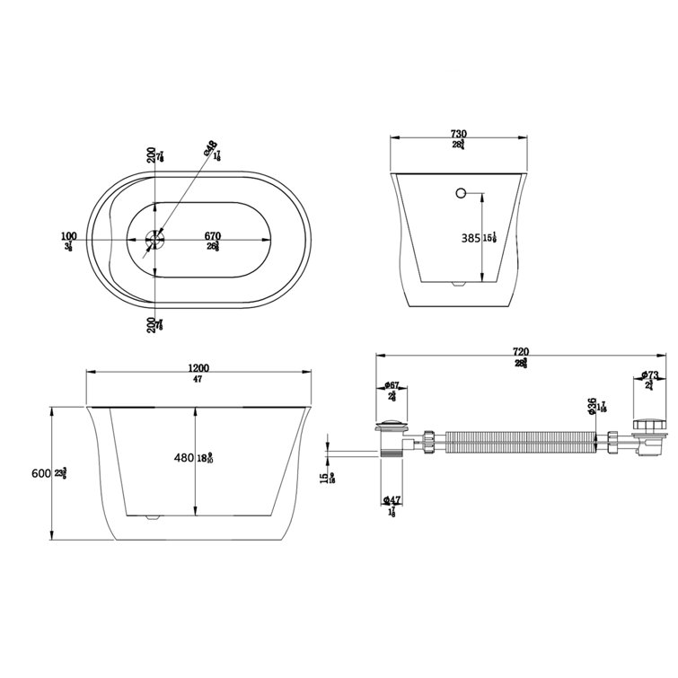 PENGFANG WORLDWIDE LLC 47'' x 28.75'' Freestanding Soaking Acrylic Bathtub