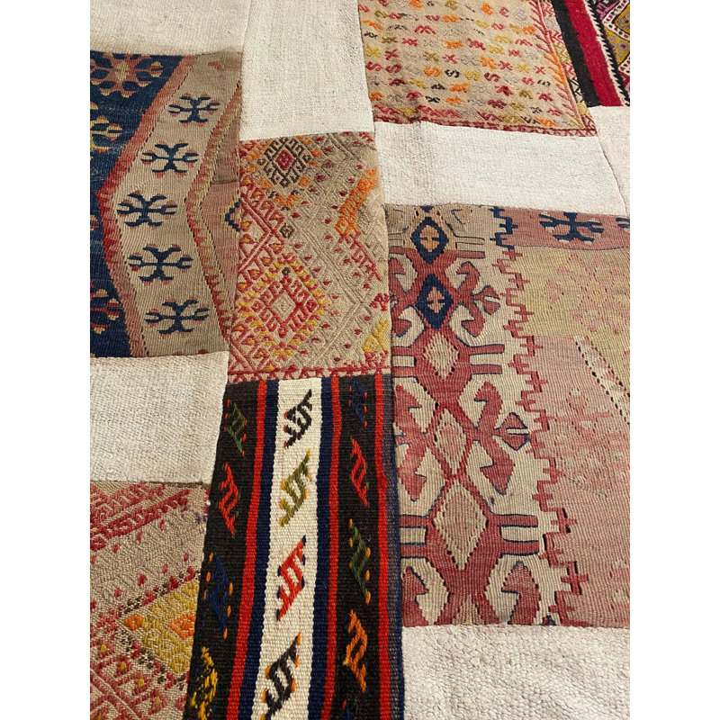 Tapis beige / ivoire en coton / laine 8 pi x 10 pi Patchwork