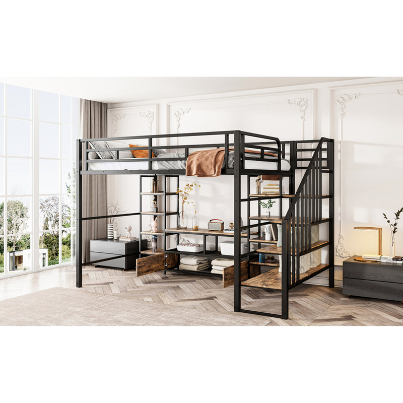 Lit mezzanine double en métal avec escalier, table de rangement basse et tablettes, noir - tablettes robustes