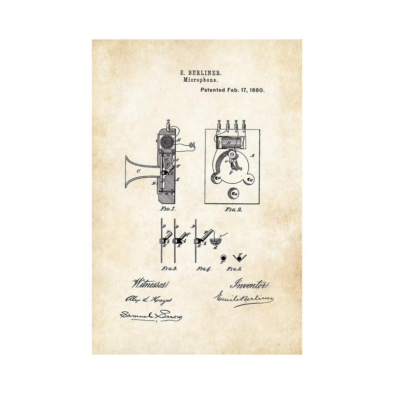 Berliner Microphone by Patent77 - Wrapped Canvas Gallery-Wrapped Canvas Giclée, 66.04 cm H x 45.72 cm W x 3.175 cm D