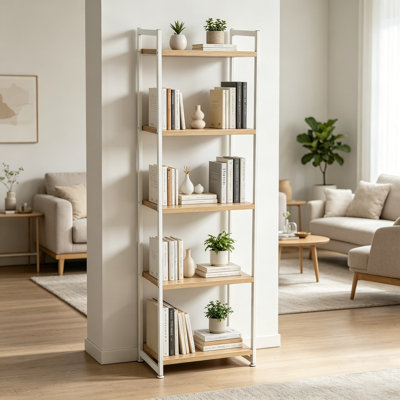 Narrow 5 Shelf Open Storage Bookshelf, Coastal Oak Rustic Wood Grain Finish With White Metal Frame, 17.75W X 59H X 13.75D Inches