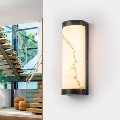Modern LED Wall Sconce 14" with Faux Alabaster Marble-Effect Shade, Dimmable 3000K Warm White Light, Matte Black Metal Frame for Bathroom Vanity Bedroom Hallway