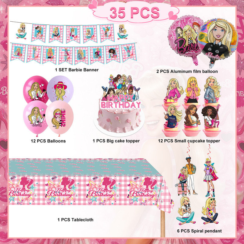 Accessoires de décoration de fête Barbie Princess, ensemble de décorations d'anniversaire Barbie Princess