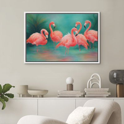 Vibrant Pink Flamingo Group Tropical Bird Scene Exotic Nature Wall Decor for Living Room Bedroom Framed Canvas Master Bedroom Wall Art Work Print