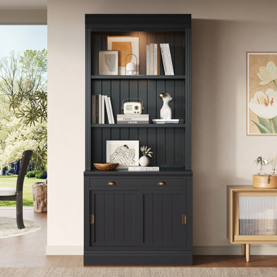 83.4"Tall Bookshelf Suite With LED Lighting, Modern Bookcase Suite With Sliding Doors,Drawers And Open Shelves,Storage Bookshelf For Living Room,Home Office