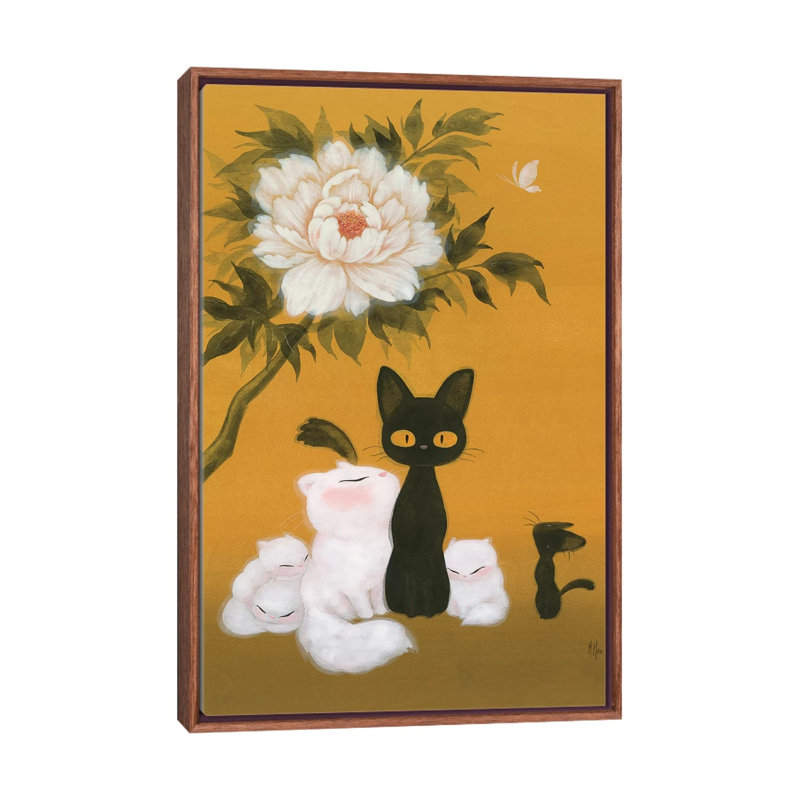 Cats And Peony by Martin Hsu - Painting on Canvas, 66.04 cm H x 45.72 cm W, Classic Brown Wood Framed