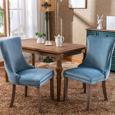 Chaises de salle à manger rembourrées de 2, velours bleu, structure en bois massif, dossier relax, moderne, sièges en velours Sw8809lb, pieds, détails de surpiqûre, confortable, luxueux,