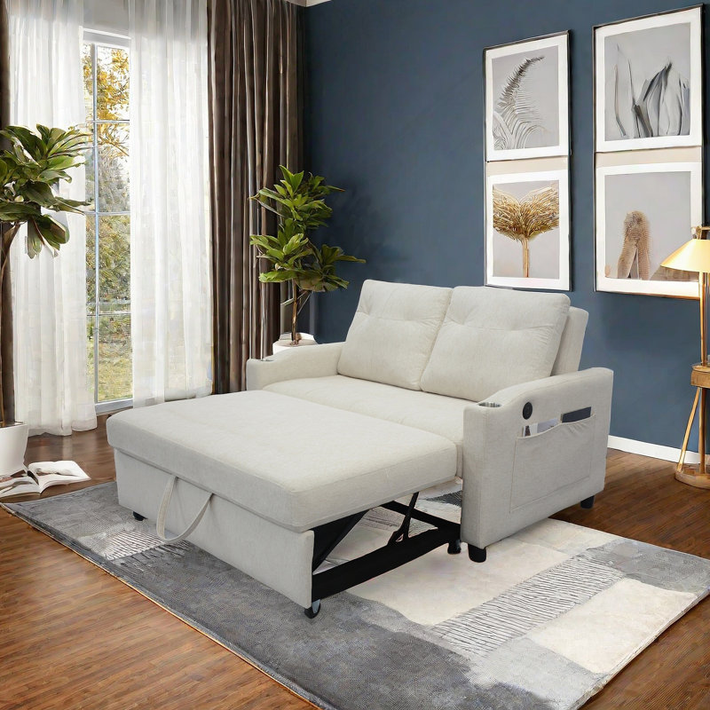 53.2'' Small Loveseat Pull-Out Sofa Bed - Adjustable Backrest, Beige Linen