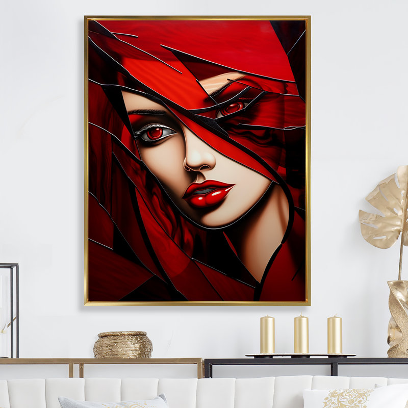 Portrait de femme cubique Ruby Radiance - impression, Cadre flottant doré, H 40 po x l 30 po x P 1,5 po