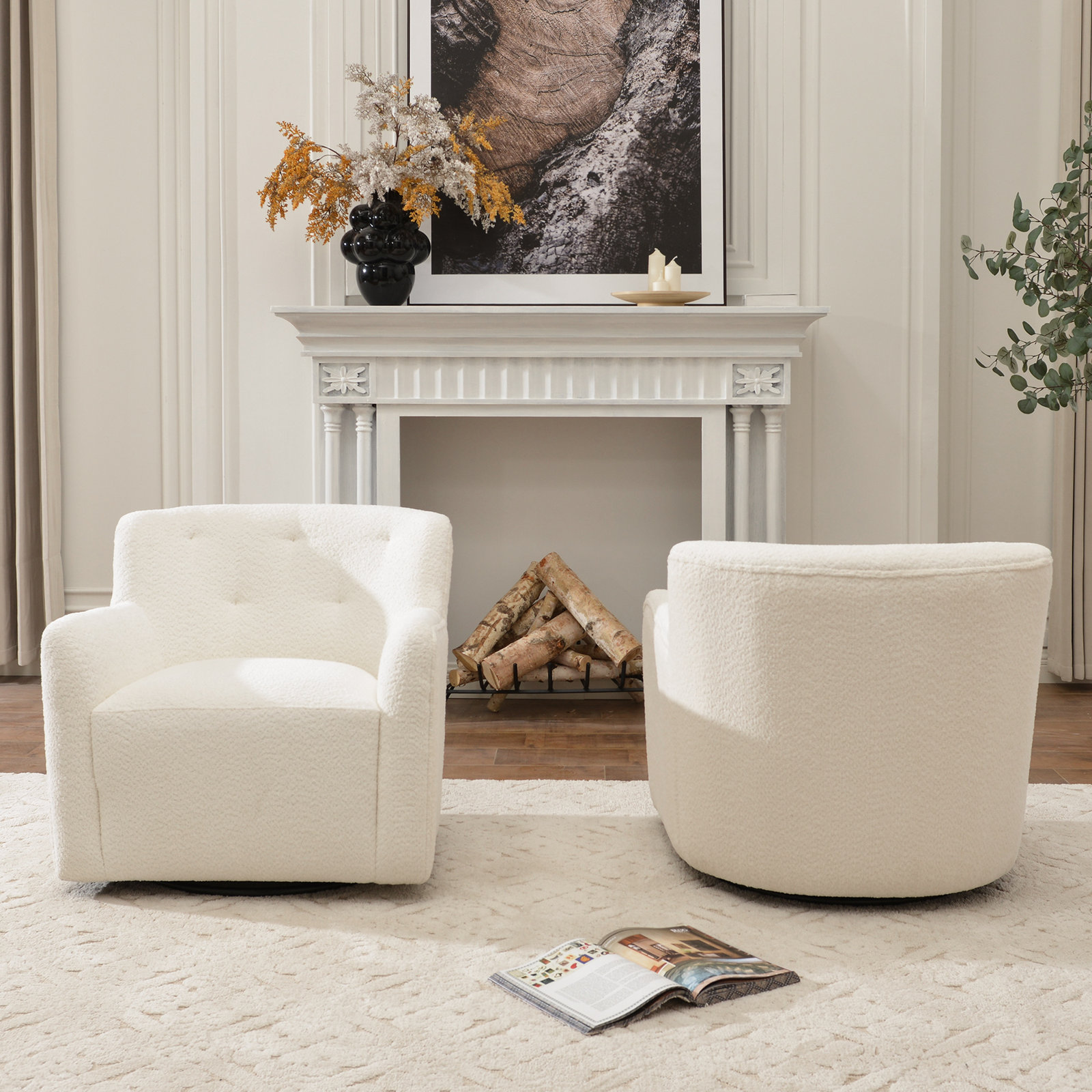 Fae Chenille Swivel Accent Chair, White Chenille