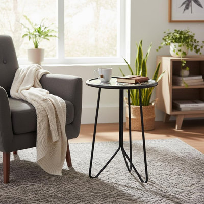 Petite table d'appoint à plateau rond en verre avec structure en métal, table de bout décorative d'intérieur / extérieur et support pour plante pour la terrasse, le jardin, la cour ou la cuisine