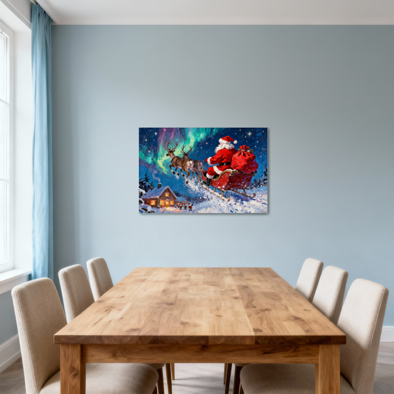 Noël, père Noël, traîneau, renne, aurore, maison, H 20 po x l 30 po