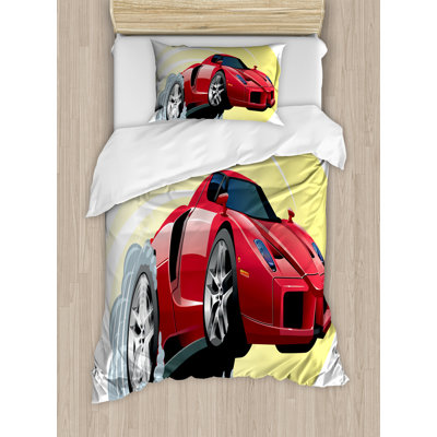 Ambesonne Cars Duvet Cover Set, Cartoon Vehicle Powerful, Twin, Red Yellow Grey -  nev_46092_twin