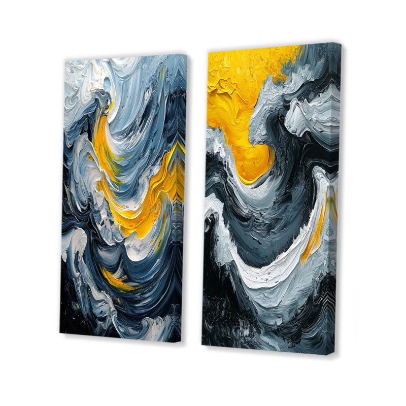 Encre jaune et grise vagues océaniques I - Collection d'art mural abstrait 2 pièces, H 40 po x l 41 po, Toile tendue