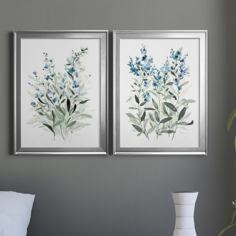 «Delicate Blue Botanical I», ensemble de 2 reproductions d'art sur toile encadrées, H 18,5 po x l 49 po x P 1,5 po, Argent