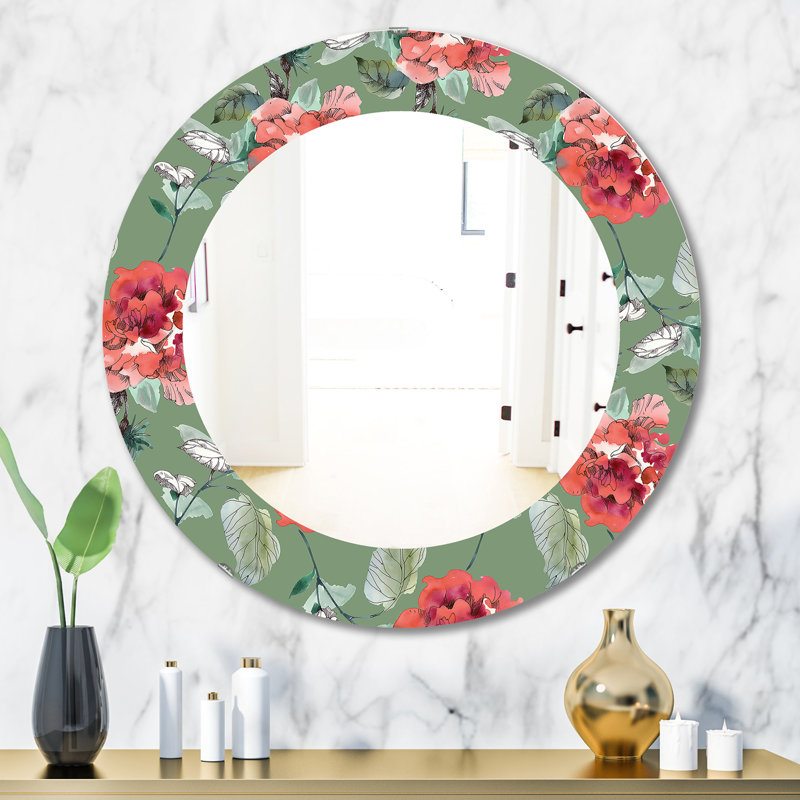 Fleurs vertes 2 - miroir traditionnel, H 23,6 po x l 23,6 po