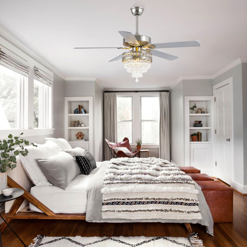 52"/62"/72“ Crystal Ceiling Fan Fandelier With Lights And Remote Control,6-Speed Reversible Quiet DC Motor , Nickel, 52"