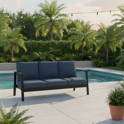 Patio 75 po 3 avec coussins bleus et structure en aluminium noir - revêtement en poudre multicouche, stabilité robuste 75 po 3 places pour l'extérieur toutes saisons, rouille, impact, détente confortable
