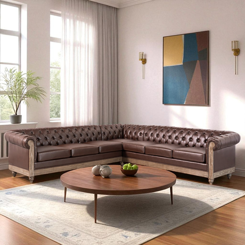 L-Shape 104.02" Wide Symmetrical Upholstered Sectional With Chesterfield Design & Solid Wood Legs, Dark Brown