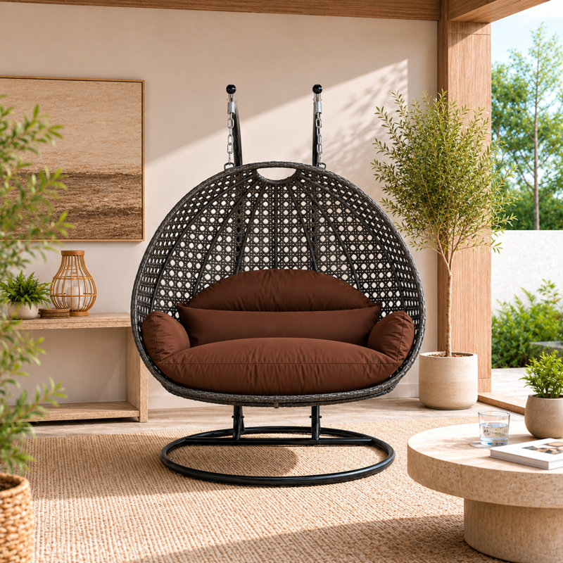 Fauteuil d'œuf d'extérieur pour 2 personnes avec support Samaira, Gris anthracite / brun
