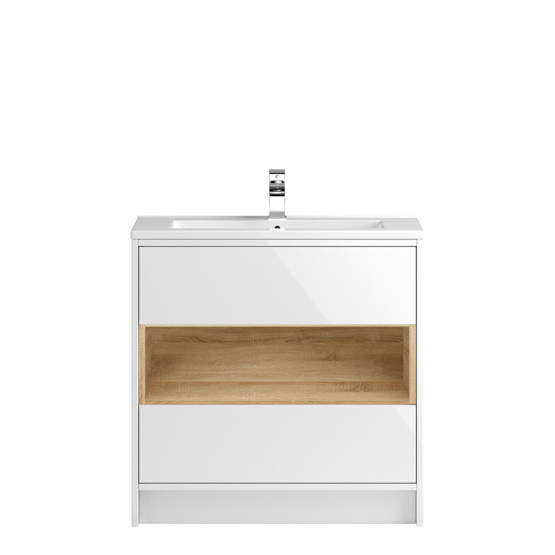 Coast 800mm Single Bathroom Vanity with Integrated Ceramic Basin, Gloss White / Natural Oak