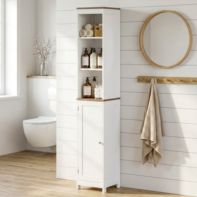 67" Tall Bathroom Storage Cabinet with Reversible Door - Freestanding Narrow Linen Cabinet with Open Shelves & Lower Enclosed Cabinet